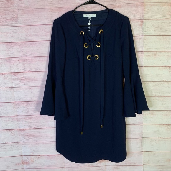 Trina Turk Navy Blue Bell Sleeve Dress Size 2 - Picture 2 of 8